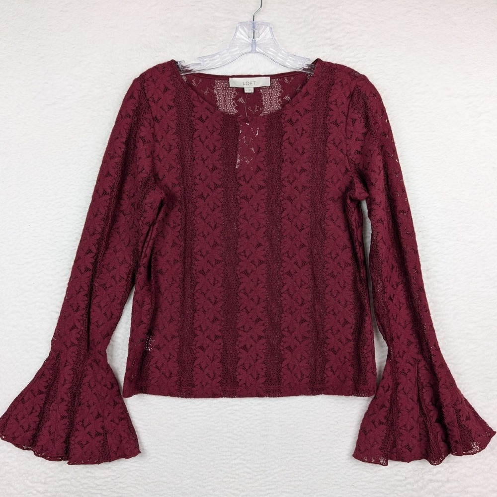 NWT Loft Floral Lace Top Size Medium Sheer Bell Sleeve Blouse Burgundy